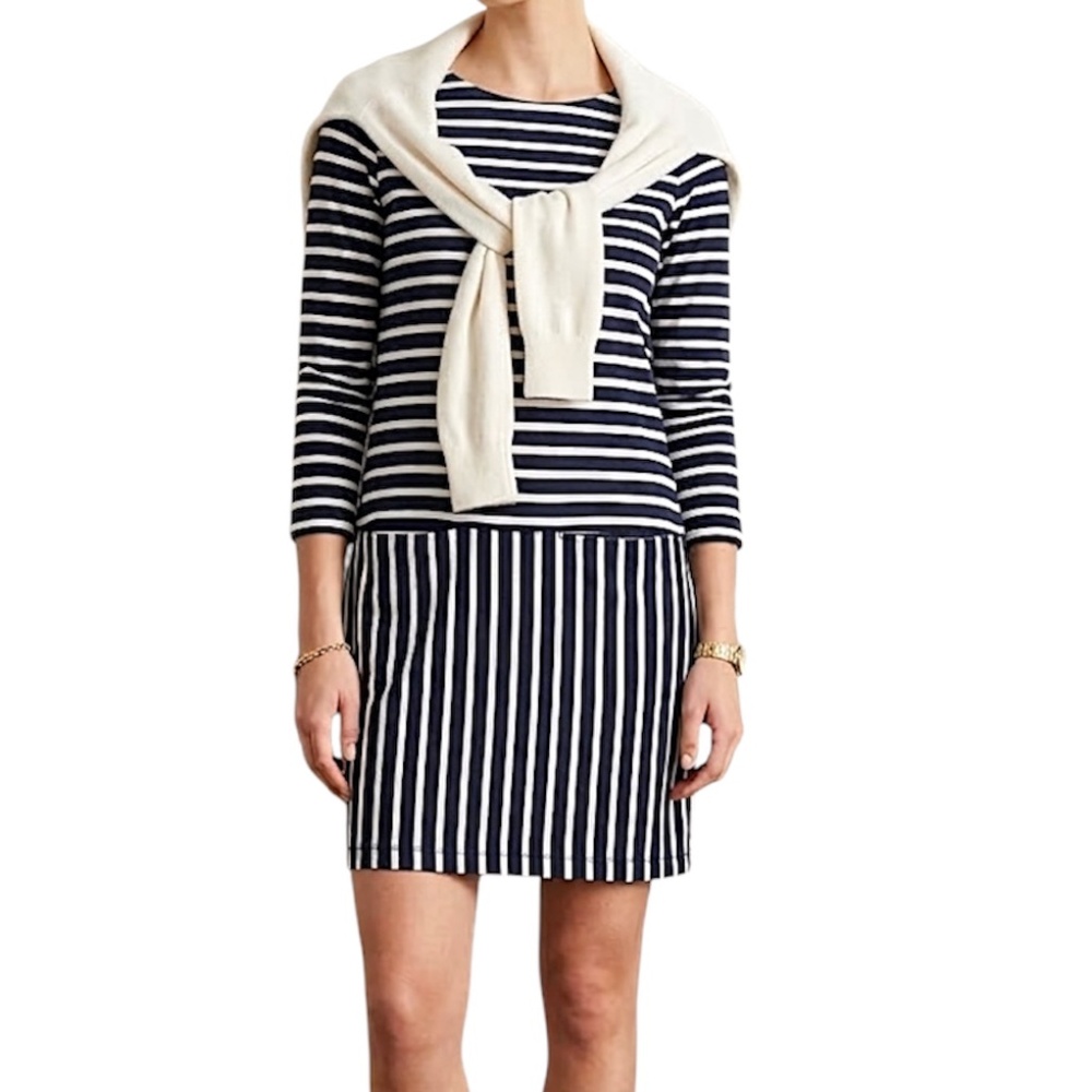 Thought London pure cotton jersey knit blue white nautical stripe dress EU 36